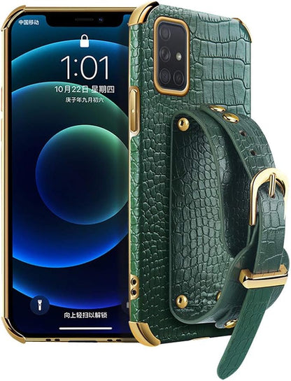 Leather Case Compatible with Samsung Galaxy S21 Phone Cases with Adjustable PU Wrist Strap Kickstand TPU Bumper Cover Shockproof Protective Running Armband Cool 6D Plating Shell(Green)
