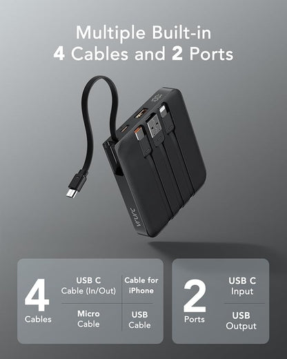 VRURC Portable Charger with Built-in Cable, 10000mAh 22.5W Fast Charging USB C Battery Pack, Cell Phone Power Bank for iPhone 17 16 15 Series Android Tablet (Black)