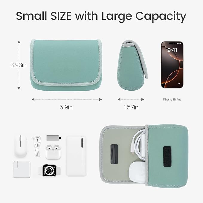 LENTION Mint Green Neoprene Electronic Organizer Pouch with Hook-and-Loop | Compact Tech Storage Fits Laptop Adapter, Mice, Charger, Power Bank & Cable to Keep Daily Travel Accessories Neatly Sorted