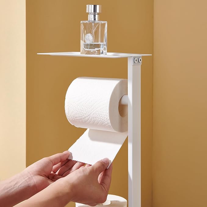 Freestanding Toilet Paper Holder Stand–Stainless Steel Bathroom Tissue Holder with Storage Tray & Roll Organizer (White & Black)