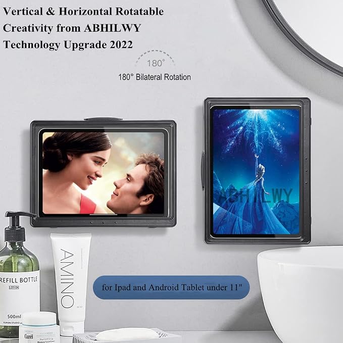 Shower Tablet Holder Waterproof Compatible with Ipad, Wall Mounted Bathroom Tablet Case Rotation, Adhesive Touchable Cradle with Glass Mirror Anti-Fog Screen for Kitchen 11 inches Black