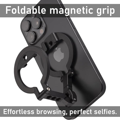 Dual Magnetic Ring Phone Mount - Foldable 360° Rotation CNC Aluminum Stand,1/4" Screw,Cold Shoe Interface, Hands-Free Holder for Live Streaming, Selfies & Multi-Device Use