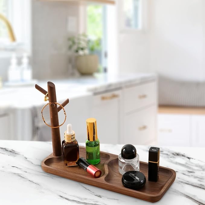Walnut Wood Key Tray for Entryway Table, Jewelry Tray, Catchall Tray with 3 Stand Hanging Organizer, for Rings, Phone, Bracelets Watches