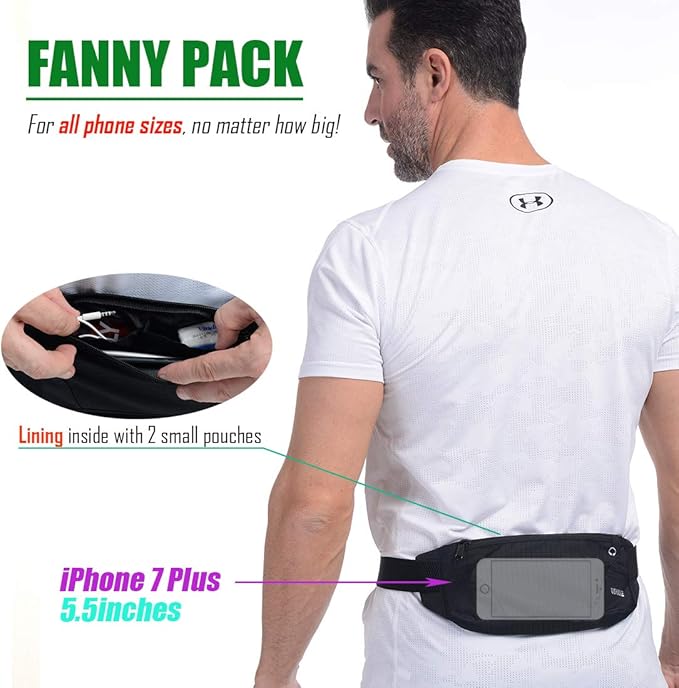 USHAKE Running Belt,Men or Women Ultra Light Bounce Free Waist Pouch Bag Fitness Workout Belt Sport Waist Pack Exercise Waist Bag for iPhone Samsung LG in Running Gym Marathon (BLACK)