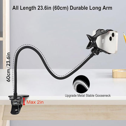 Gooseneck Phone Holder for Bed, [Upgrade Metal Stable] Flexible Gooseneck Long Arm Phone Mount for Desk with 360° Adjustable Clamp Clip Overhead Bedside Phone Stand, for All 4-7” Cellphone