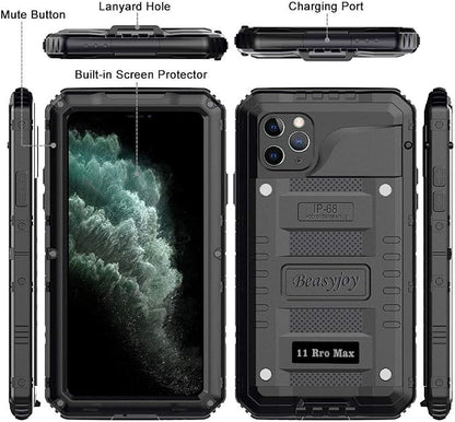 Beasyjoy for iPhone 11 Pro Max Case Waterproof Metal Case Heavy Duty Built-in Screen Full Body Protective Shockproof Military Grade Black