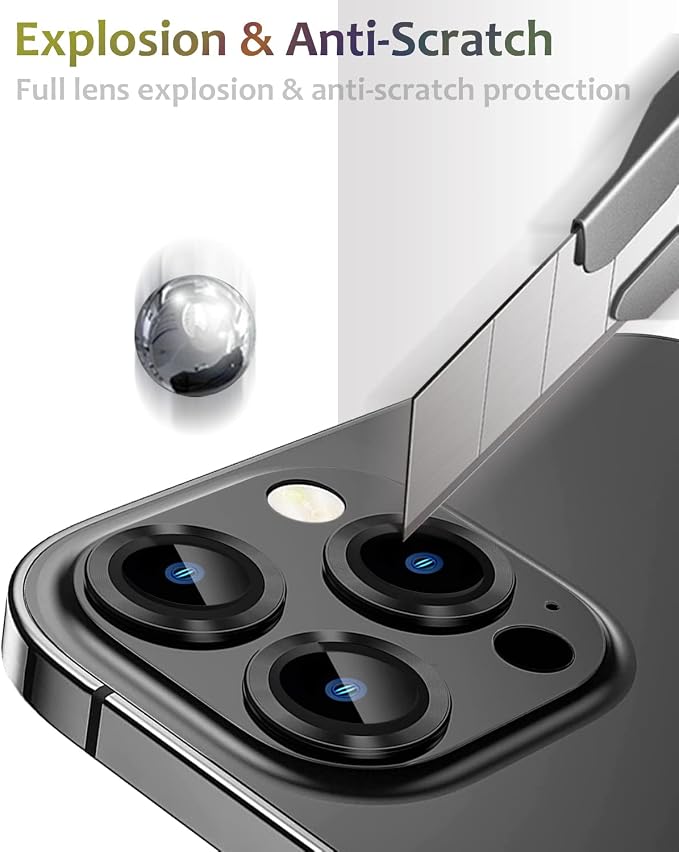 Compatible for iPhone 14 Pro/iPhone 14 Pro Max Camera Lens Protector Metal 9H Tempered Glass Camera Cover Support LIDAR Scanner, Anti-Explosion (Black)