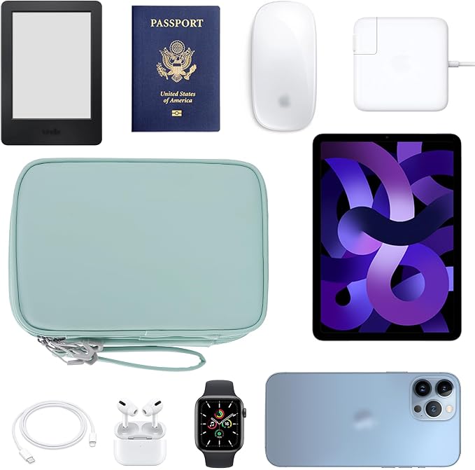 Bevegekos Tablet Accessories Case Bag, Travel Large Electronics Organizer for Chargers & Cords, Cables, 7.9 Inch Tablet, Airplane Essentials, 2 Layers (Mint Green)
