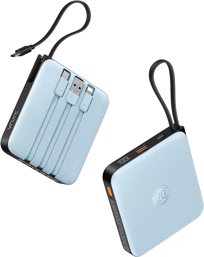 VRURC Portable Charger for iPhone with Built-in Cable, 10000mAh 22.5W Fast Charging USB C Battery Pack, Cell Phone Power Bank for iPhone 17 16 15 & Other Series (Blue)