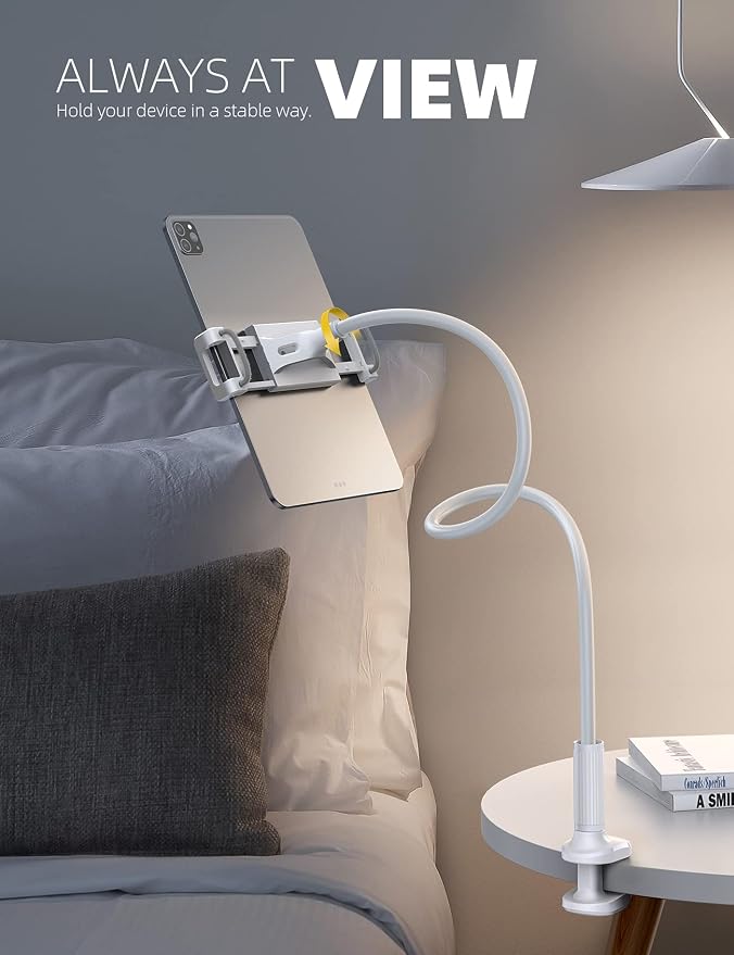 Lamicall Gooseneck Tablet Mount Holder for Bed Flexible Tablet Arm Clamp for Bed, as Gifts Compatible with Pad Pro 10.5, Air 9.7, Mini 7.9, Galaxy Tabs, Switch, More 4.7-11" Device - White