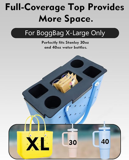 Top Cup Phone Holder Tray Storage Lid for Stanley Compatible with Bogg Bag XL Cover, Cup Organizer Holder Waterproof Silicone Multifunctional Storage Box for Outdoor Beath Camping Travel (Black, XL)