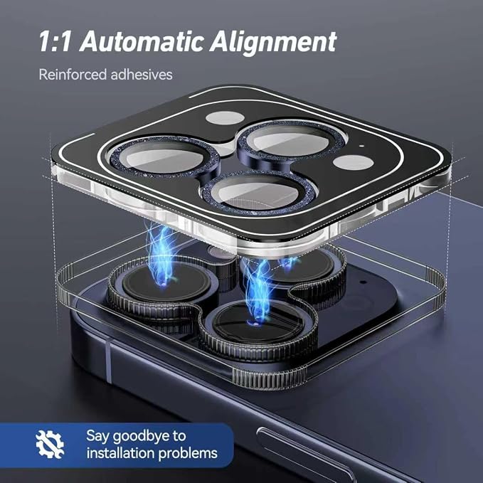 Jeluse Camera Lens Protector for iPhone 17 Pro Max/17 Pro/16 Pro Max/16 Pro/15 Pro Max/15 Pro/14 Pro Max/14 Pro, 9H Tempered Glass Screen Protector Cover Alignment Kit Metal Individual Ring