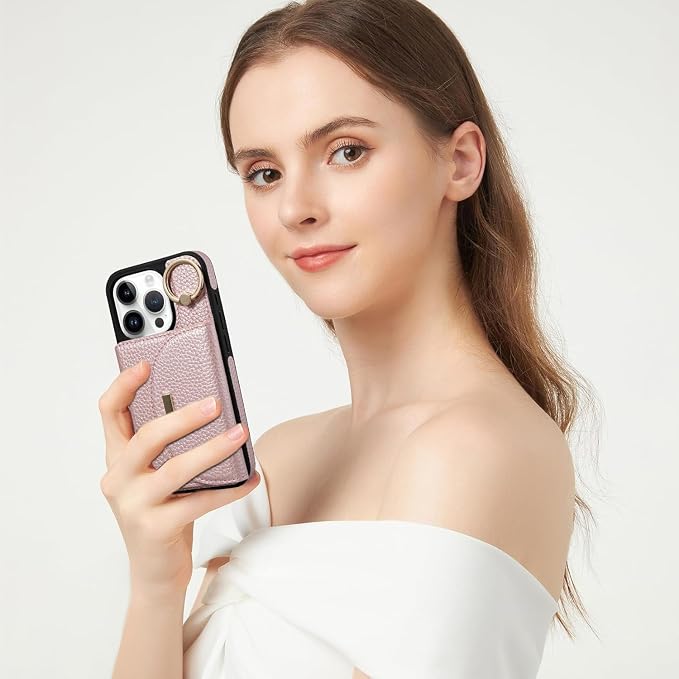 Keallce Wallet Case for iPhone 16 Pro Max 6.9'', Flip Case with Card Slots, Ring Holder Kickstand, PU Leather Protective Folio Cover for Women, Rosegold