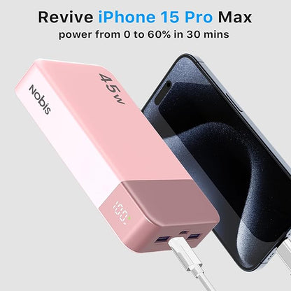 NOBIS Portable Charger 45W 20000mAh Power Bank Fast Charging | 2C+2A Battery Pack with C to C Cable, Battery Bank with Digital Display for iPhone Android Laptop etc