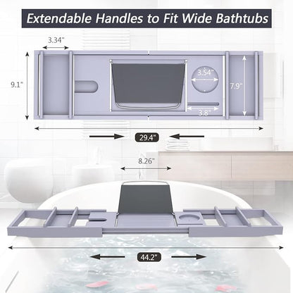 Domax Bathtub Caddy Tray Expandable Bamboo Tub Tray for Luxury Bath with Book Holder and Free Soap Dish (Gray, 29.4"-44.2"x 9.1"x1.65")