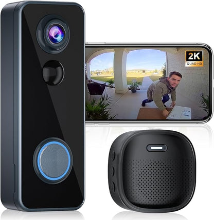 Doorbell Camera Wireless, Head-to-Toe Video - No Subscription Required,2K HD Live View, Two-Way Talk,Smart Video Doorbell with Chime,Battery Powered,Motion Alerts,Works with Alexa &Google(2.4G WiFi)