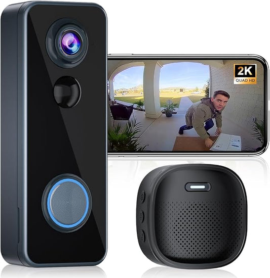 Doorbell Camera Wireless, Head-to-Toe Video - No Subscription Required,2K HD Live View, Two-Way Talk,Smart Video Doorbell with Chime,Battery Powered,Motion Alerts,Works with Alexa &Google(2.4G WiFi)