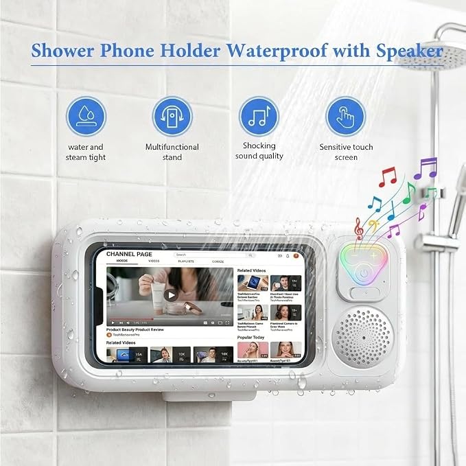 Shower Phone Holder Waterproof with Speaker and Key Control, Wall-Mounted Water Proof Anti Fog Case, Built-In Wireless Speaker, 360° Rotatable, Extendable and Adjustable, Waterproof Screen Touch,White