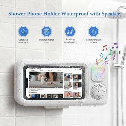Shower Phone Holder Waterproof with Speaker and Key Control, Wall-Mounted Water Proof Anti Fog Case, Built-In Wireless Speaker, 360° Rotatable, Extendable and Adjustable, Waterproof Screen Touch,White