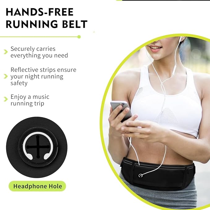 Slim Running Belt Fanny Pack for Men Women, Adjustable Running Phone Holder with 3 Pockets, Reflective Fitness Fanny Pack for Phones up to 7.2 inch, Water Resistant Sports Waist Bag, Black