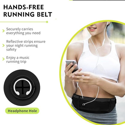 Slim Running Belt Fanny Pack for Men Women, Adjustable Running Phone Holder with 3 Pockets, Reflective Fitness Fanny Pack for Phones up to 7.2 inch, Water Resistant Sports Waist Bag, Black
