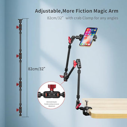 Adjustable Articulating Magic Arm with Clamp and Phone Holder Clip for Desk Mount, Desk Stand, Cell Phone Tripod