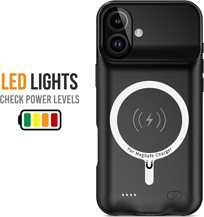 Battery Case for iPhone 16 Plus, [12000mAh] Enhanced Portable Protective Smart Qi Wireless Charger Case Battery Pack with CarPlay Wireless Charging Case Compatible for iPhone 16 Plus (6.7 inch)-Black
