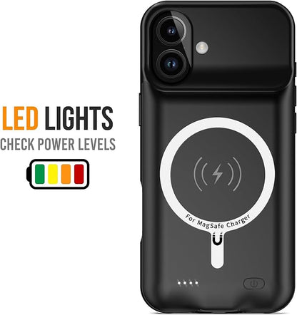 Battery Case for iPhone 16 Plus, [12000mAh] Enhanced Portable Protective Smart Qi Wireless Charger Case Battery Pack with CarPlay Wireless Charging Case Compatible for iPhone 16 Plus (6.7 inch)-Black