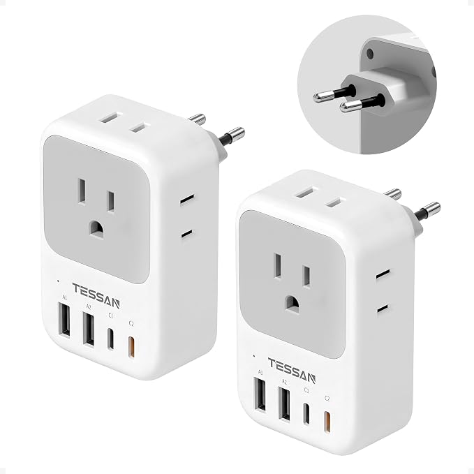 TESSAN European Travel Plug Adapter 2 Pack, PD 20W Adapter for Europe Plug with 4 AC Outlets 4 USB (2 USB C), Type C Adaptor for US to Europe, Italy, Spain, France, Portugal, Greece, Iceland, Germany