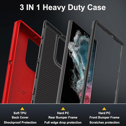 for Samsung Galaxy S22 Ultra Case with 2Pcs Self Healing Flexible TPU Screen Protector & Camera Lens Protector, 3 in 1 Heavy Duty Shockproof/Drop Proof/Dust Proof Case (Red/Black)