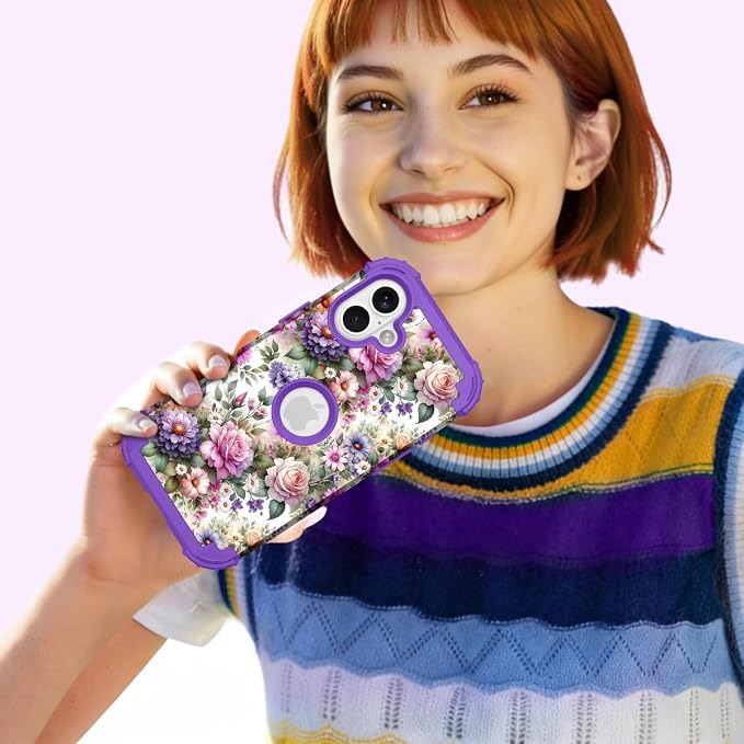 Hocase for iPhone 16 Plus Case 6.7", Heavy Duty Shockproof Protection Soft Silicone Rubber+Hard Plastic Bumpers Hybrid Protective Case for iPhone 16 Plus 2024 - Purple Pink Flowers