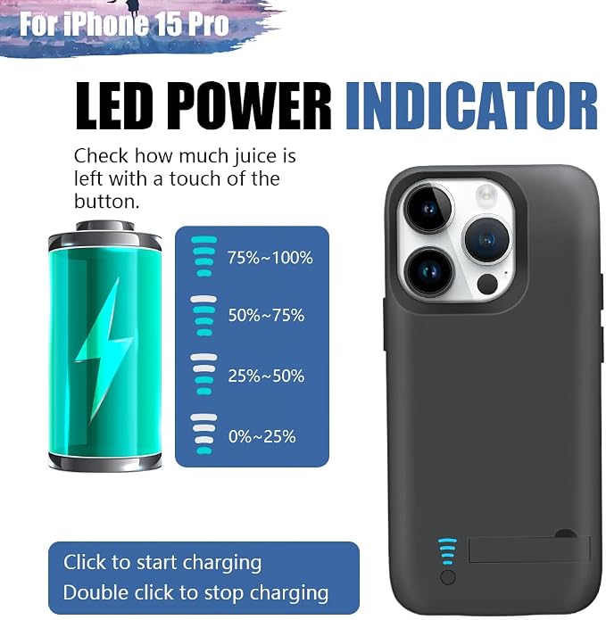 New Version Battery Case for iPhone 15 Pro, 5000mAh Rechargeable Extended Battery Charging Charger Case, Add 100% Extra Juice (6.1 Inches) Black