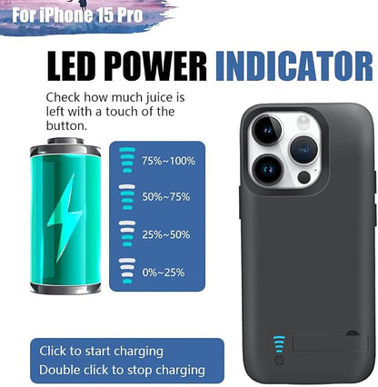 New Version Battery Case for iPhone 15 Pro, 5000mAh Rechargeable Extended Battery Charging Charger Case, Add 100% Extra Juice (6.1 Inches) Black