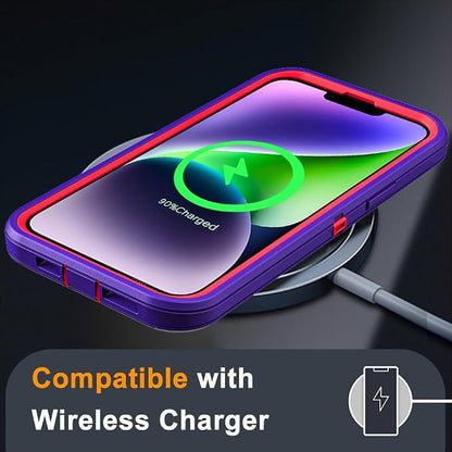 for iPhone 14 Plus Case with 2Pcs Tempered Glass Screen Protector and 1Pcs Camera Lens Protector, Military Grade 3 in 1 Heavy Duty Shockproof/Drop Proof/Dust Proof Case (Purple/Pink)