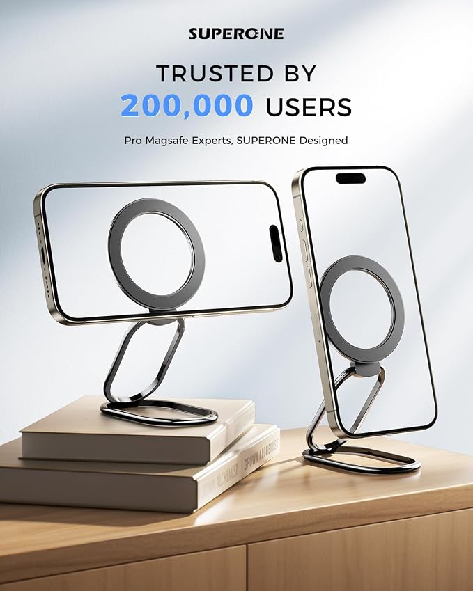 [2025 Upgraded] Mag Safe Phone Ring Holder, SUPERONE Adjustable Magnetic Kickstand & Removable Phone Grip Compatible with Wireless Charging Only for iPhone 17 &16 & 15 & 14 & 13 & 12 Series - Black