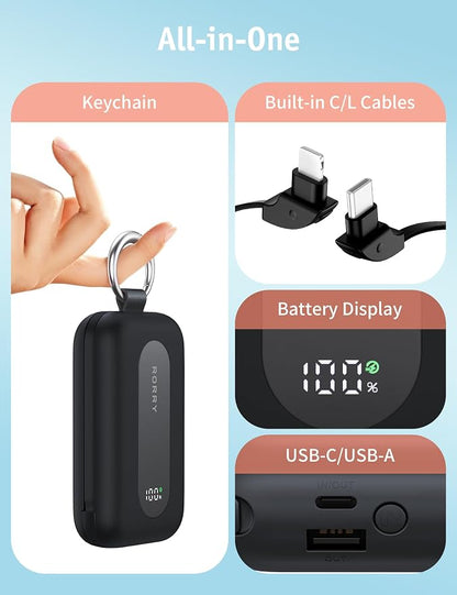 RORRY CharmGo Portable Charger 20000mAh 30W Power Bank 4 in 1 Battery Pack | Built-in Cables,Fast Charging,Keychain,Travel Essentials,Portable,for iPhone 17/16/15/14/13,for iPad Air/Pro,for AirPods