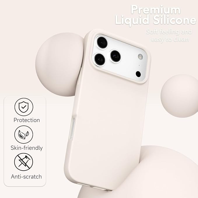for iPhone 17 Pro Max Case Silicone Compatible with Magsafe Case, Ultra Slim Thin Magnetic Phone Cases Mag Safe, Cute Soft Rubber Gel Matte Wireless Charging Cover for Women, Beige Stone Cream