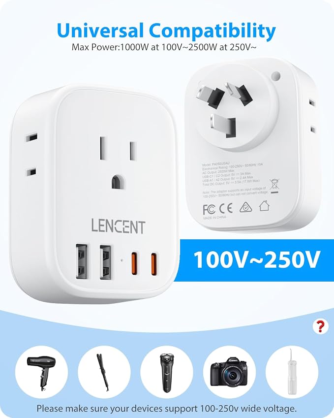 LENCENT Australia New Zealand Power Plug Adapter, US to Australia Adapter | Plug Adapter with 4 Outlets, 4 USB Ports(2 USB C), Type I Plug Converter for US to AU Argentina China Fiji, Travel Essentials