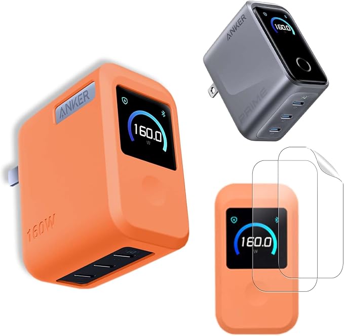 NOUKAJU Case for Anker Prime Charger 160W, Silicone Protective Cover with 2pack Screen Protector,Drop-Proof,Scratch-Proof,Shock-Proof,Dust-Proof,Screen Protector for Anker 160W Charger(Orange)