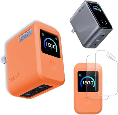 NOUKAJU Case for Anker Prime Charger 160W, Silicone Protective Cover with 2pack Screen Protector,Drop-Proof,Scratch-Proof,Shock-Proof,Dust-Proof,Screen Protector for Anker 160W Charger(Orange)