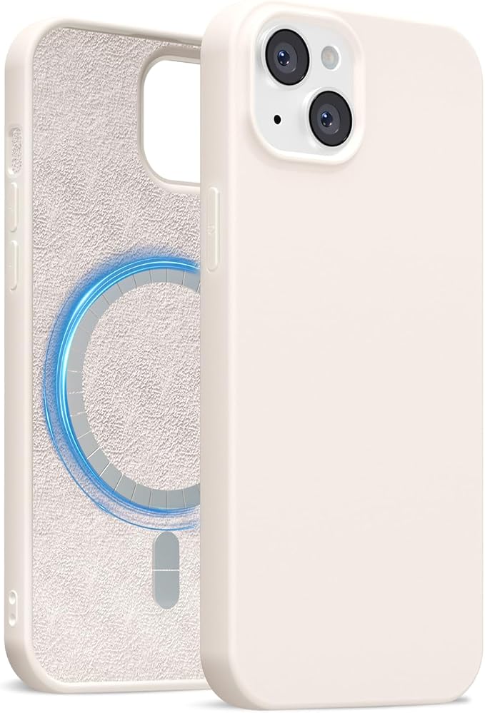for iPhone 15 Plus/ 14 Plus Case Silicone Compatible with Magsafe Case, Ultra Slim Thin Magnetic Phone Cases Mag Safe, Cute Soft Rubber Gel Matte Wireless Charging Cover for Women, Beige Cream