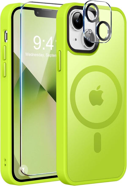 MOCCA Strong Magnetic for iPhone 13 Case, [Compatible with Magsafe][Screen Protector+Camera Lens Protector] Translucent Matte Back Slim Shockproof Case for iPhone 13 Phone Case 6.1", Fluorescent Green