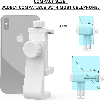 Universal Phone Tripod Mount Adapter with Ｗireless Camera Remote, Cell Phone Holder with Adjustable Clamp for Selfie Stick Monopod Compatible with iPhone, Samsung and so on -White