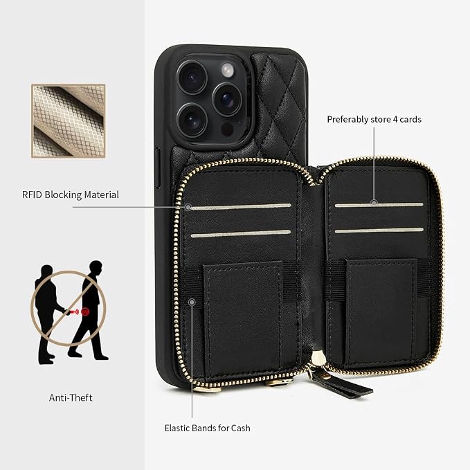 LAMEEKU for iPhone 14 Pro Max Wallet Case, Card Holder Case Crossbody Purse for Women Quilted Leather RFID Shockproof Cover Compatible with iPhone 14 Pro Max, 6.7 Inch-Black