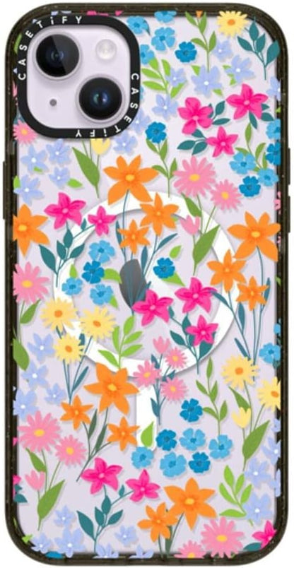 CASETiFY Impact iPhone 14 Plus Case [4X Military Grade Drop Tested / 8.2ft Drop Protection/Compatible with Magsafe] - Bright Spring Flowers - Daisy Floral Pattern - Glossy Black
