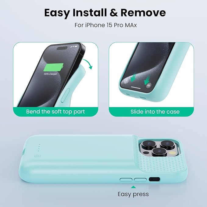 Battery Case for iPhone 15Pro Max, Upgrade 8600mah Portable Slim Battery Charging Case, 15W Fast Charging Rechargeable Protective Extended Charger Cover for iPhone 15 Pro Max (6.7 inch)-Green