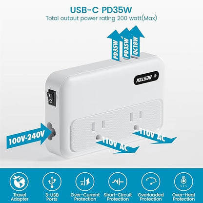 BESTEK 220v to 110v Converter with USB C 35w, 300W AC Peak Voltage Converter US to Europe, Universal Travel Adapter for Hair Straightener/Curling Iron with EU UK FR DE ES AU Adapter[Quieter Version]