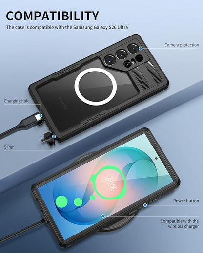 Lanhiem Magnetic for Samsung Galaxy S26 Ultra Case, IP68 Waterproof Dustproof Case, [Compatible with Magsafe] [Built-in Lens & Screen Protector] Full Body Shockproof Rugged Phone Case 6.9", Black