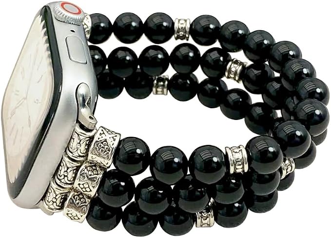 Black Agate Bracelet Compatible for Apple Watch Band 40mm/38mm/41mm Series 9 8 7 SE Series 6/5/4 Women Fashion Natural Gemstone Handmade Stretchy Watch Strap (42mm/44mm/45mm)