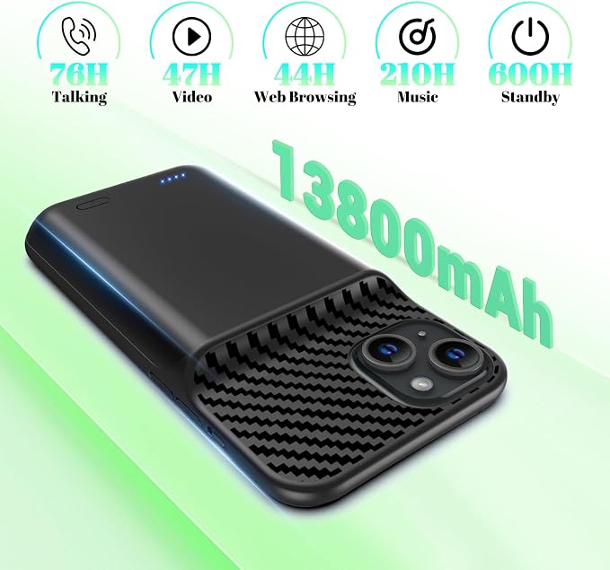 Battery Case for iPhone 15 Plus(6.7 inch) 13800mAh High Capacity Charging Case [2026 Upgraded] Portable Rechargeable Extended Charger Case with Tempered Glass Screen Protector Black